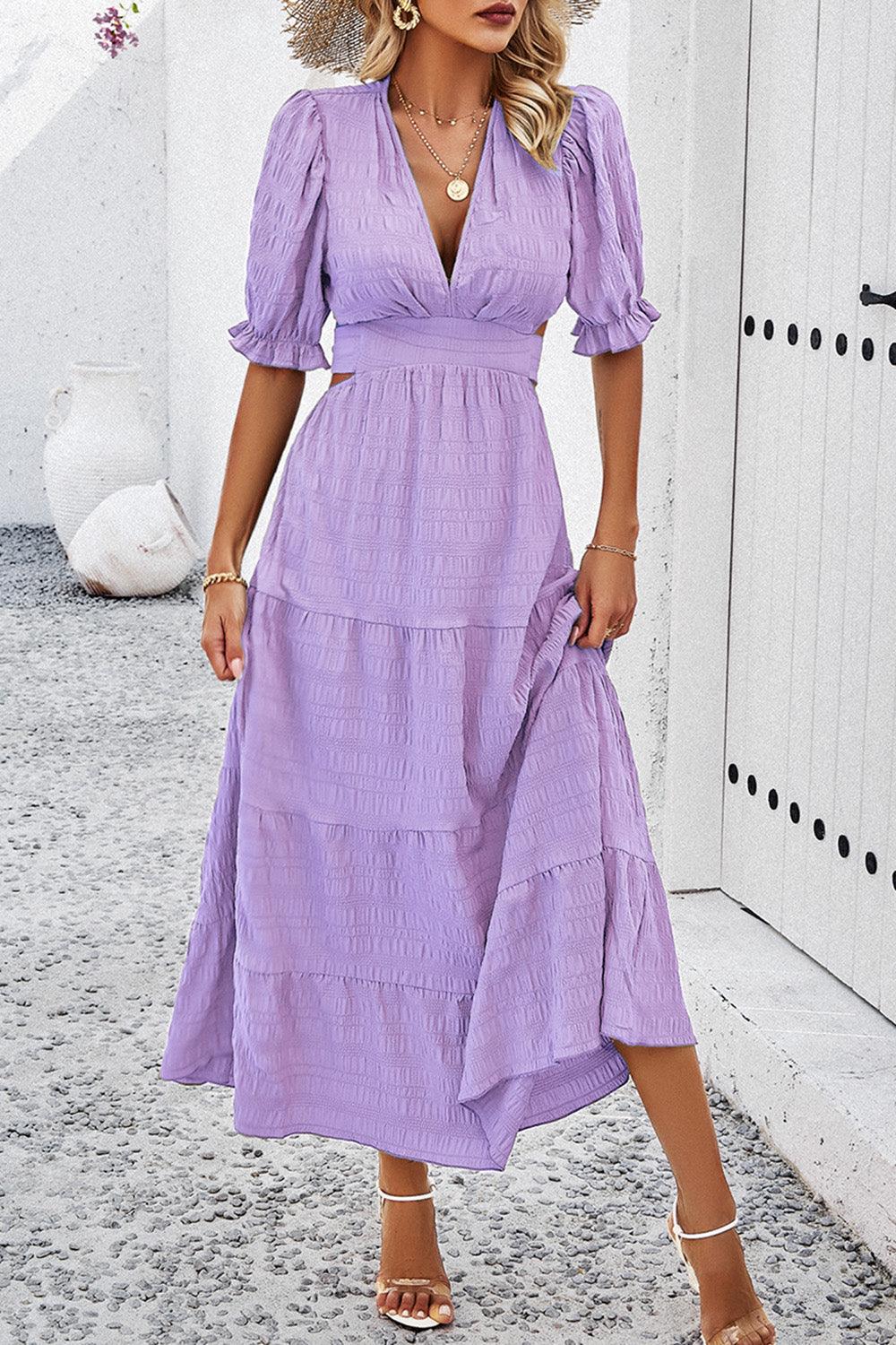 Tie Back Short Sleeve Tiered Midi Dress - Dresses