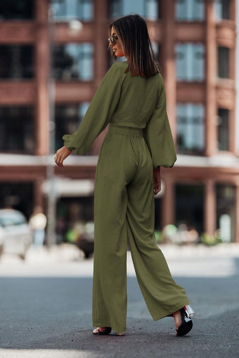 Cutout Long Sleeve Top and Wide Leg Pants Set - Pant & Top