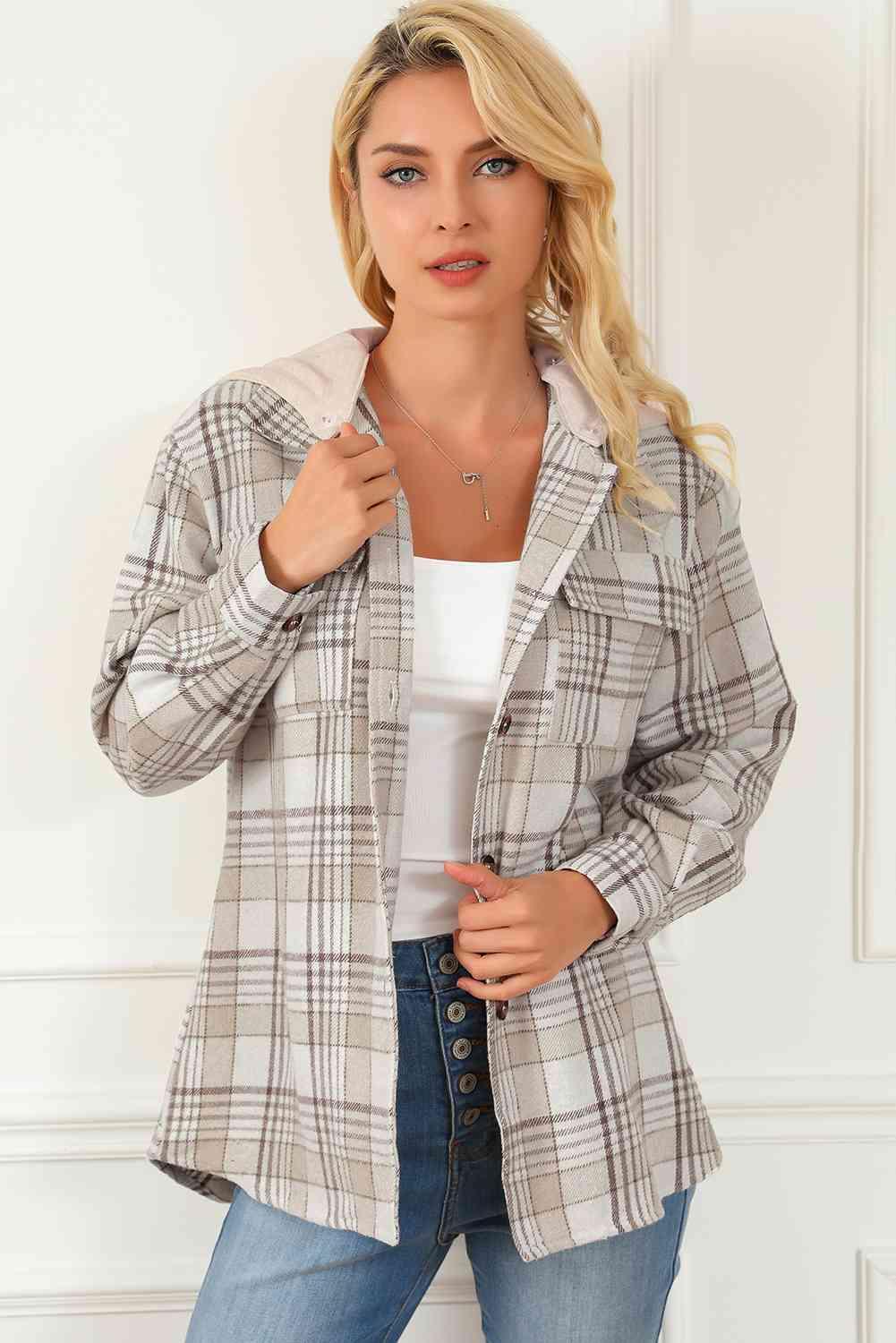 Plaid Button Down Hooded Shacket - Jacket