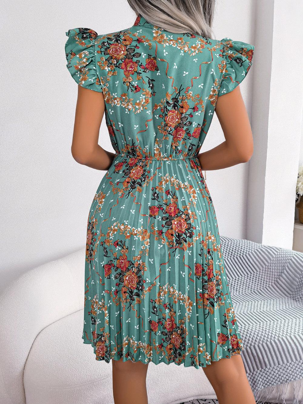 Pleated Floral Printed Tie Neck Knee Length Dress - Dresses