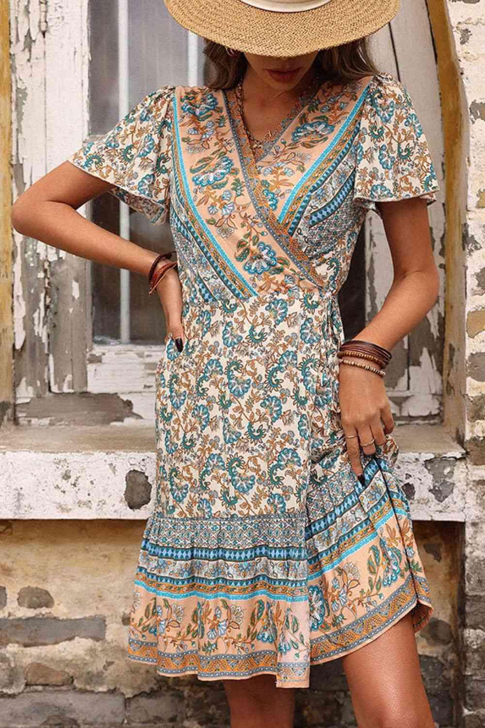 Bohemian Flutter Sleeve Surplice Dress - Dresses