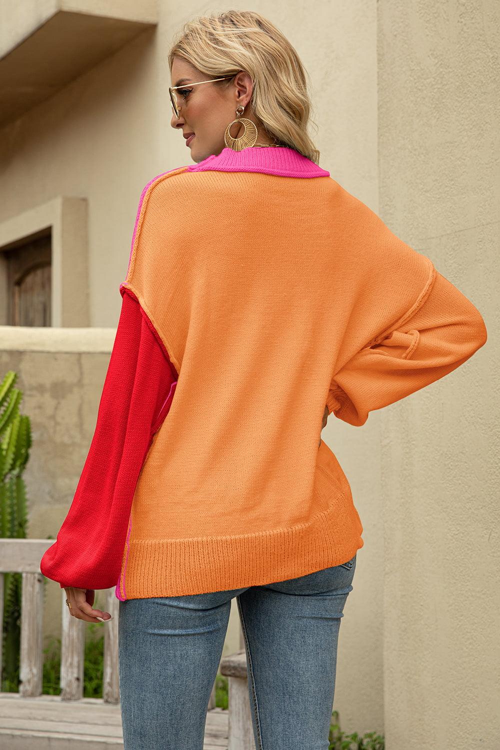 Color Block Round Neck Dropped Shoulder Sweater - Sweater