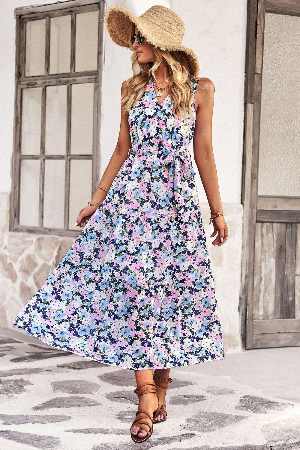 Floral Belted Surplice V-Neck Sleeveless Tiered Midi Dress - Dresses