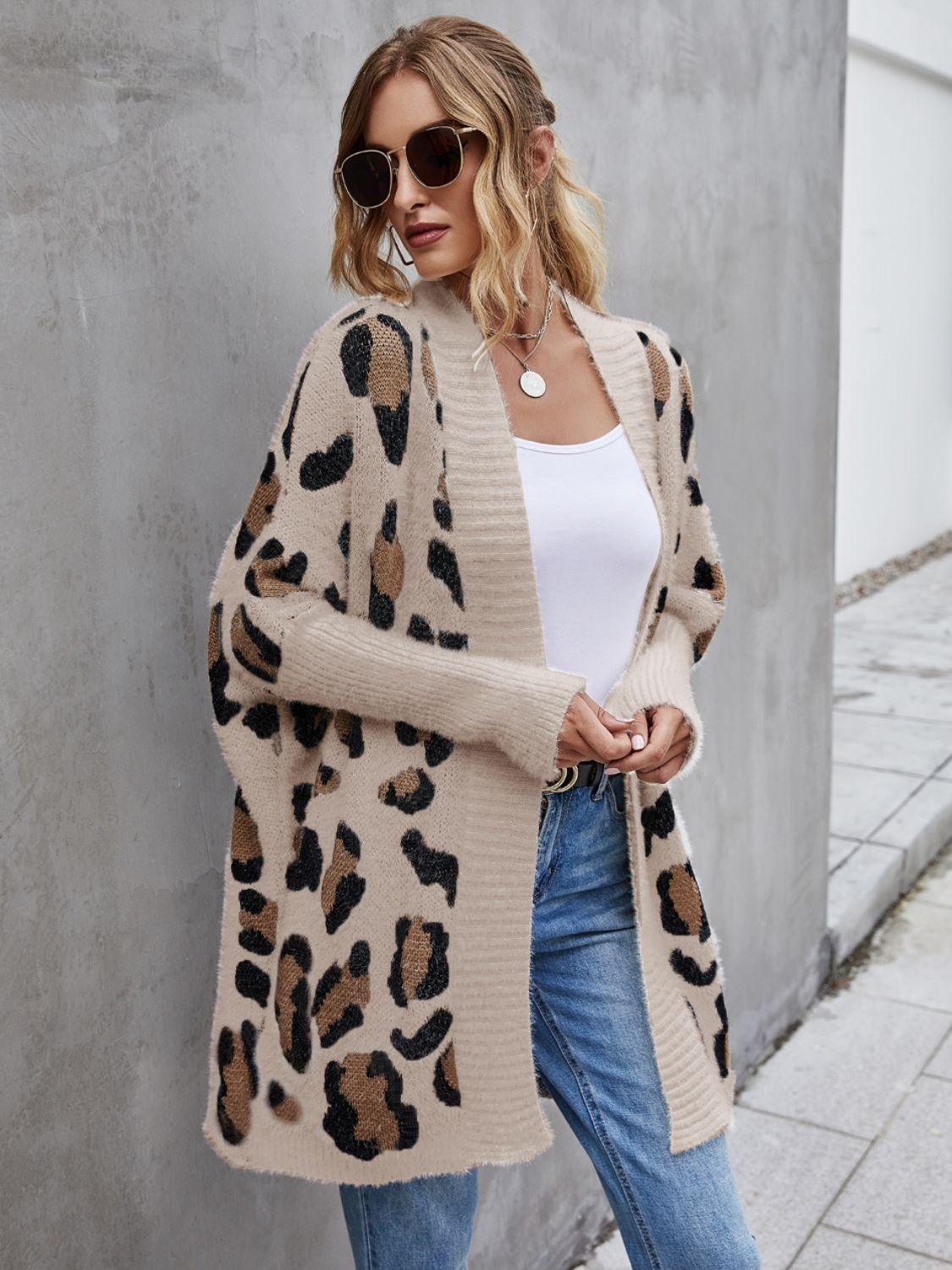 Leopard Pattern Open Front Fuzzy Cardigan - Cardigan