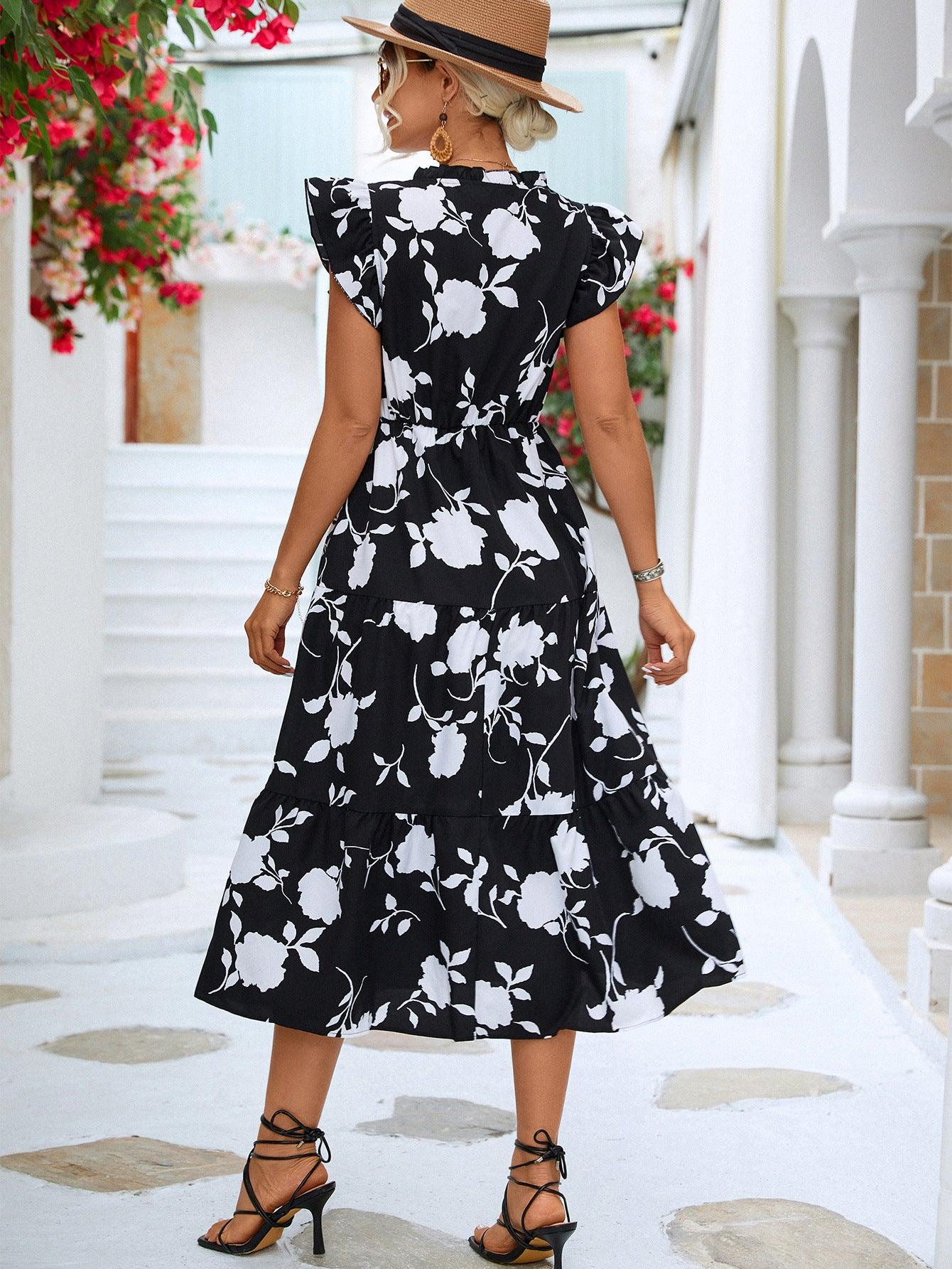 Floral Frill Trim V-Neck Flounce Sleeve Tiered Midi Dress - Dresses