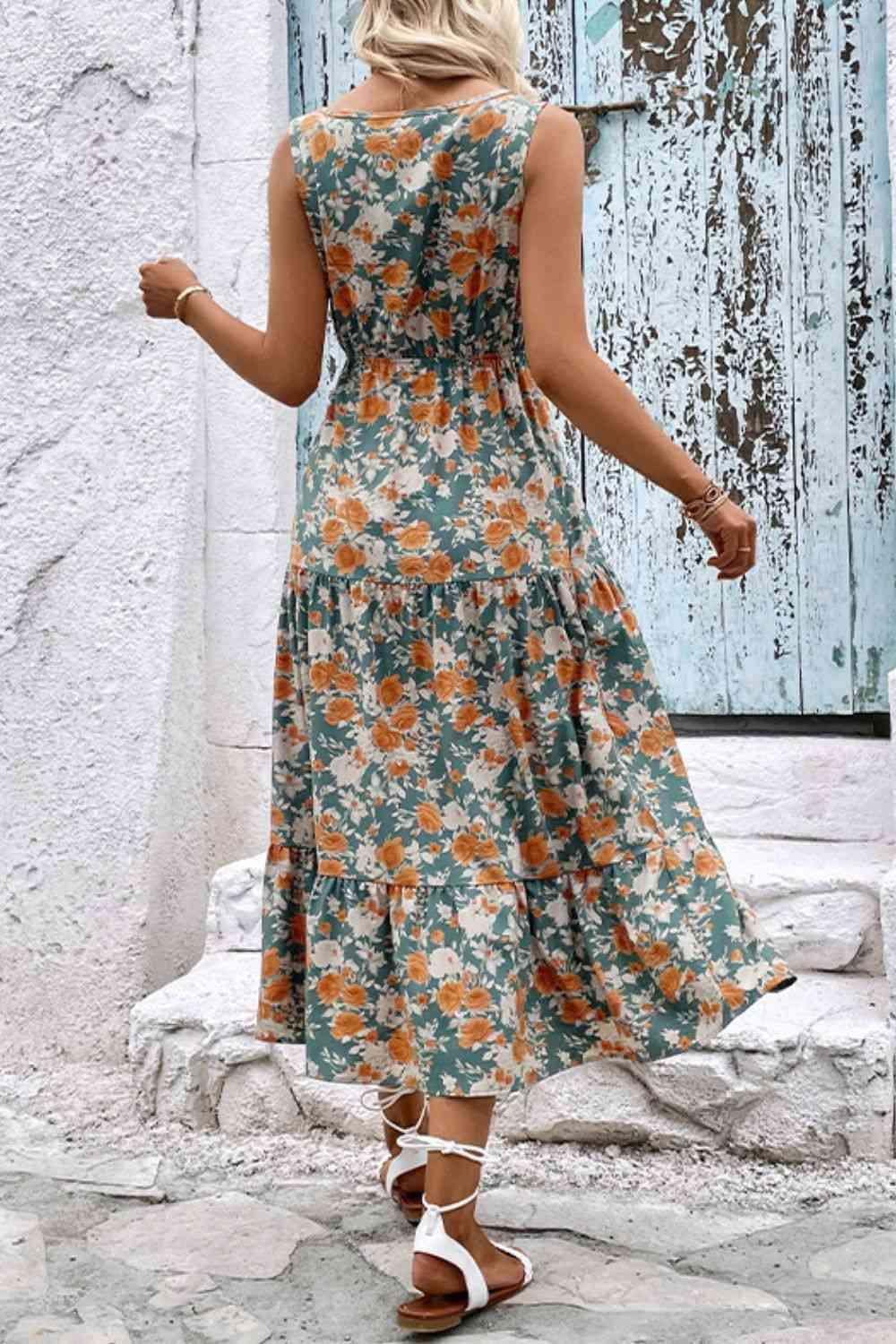 Floral V-Neck Tiered Sleeveless Midi Dress - Dresses