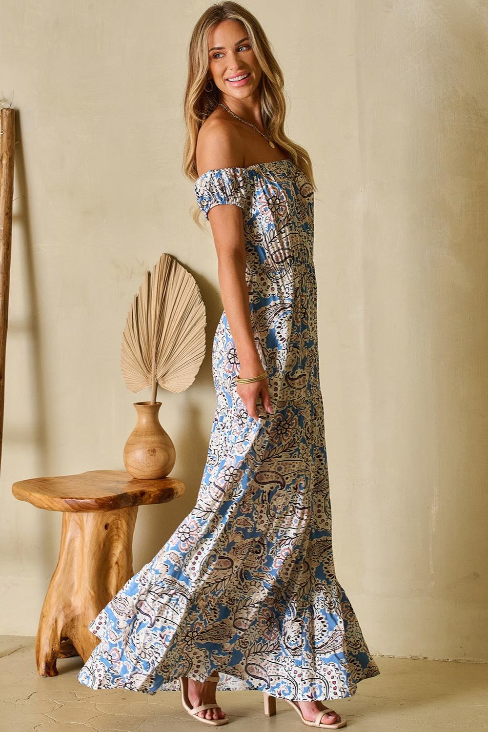 Paisley Off-Shoulder Short Sleeve Maxi Dress - Dresses