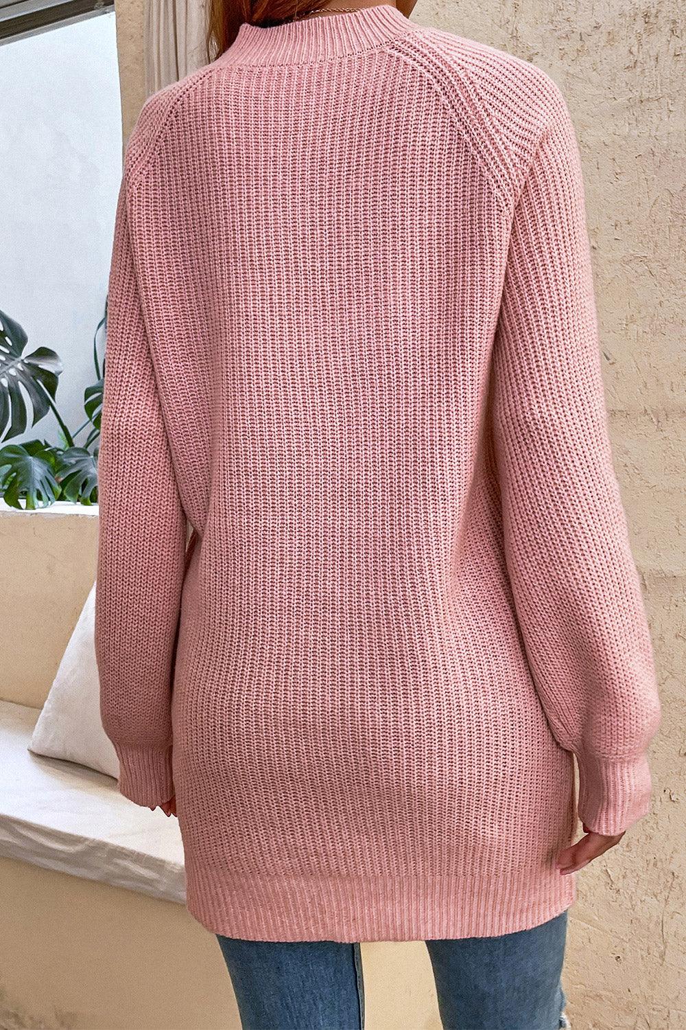 Round Neck Button Detail Ribbed Long Sweater - Sweater