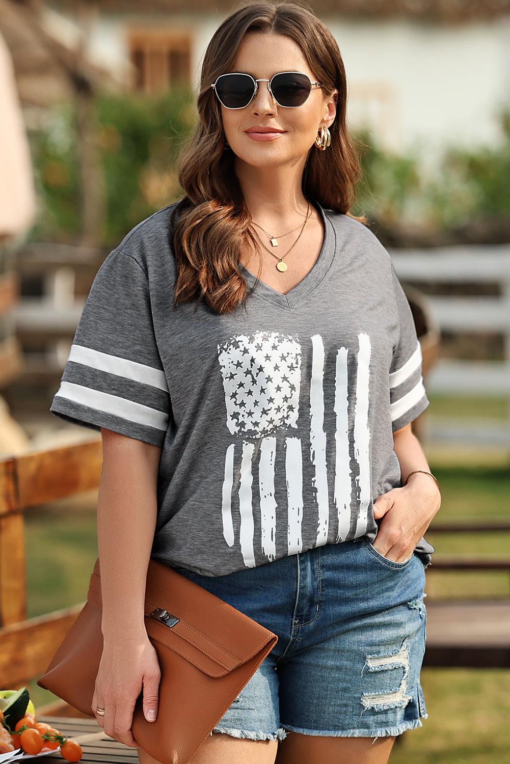 Plus Size US Flag Graphic V-Neck Top - Top