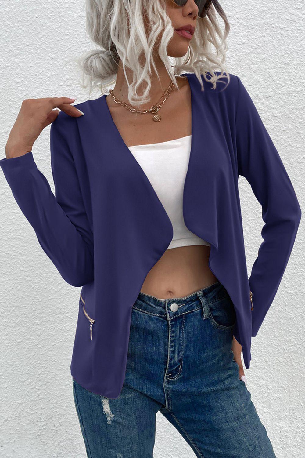 Open Front Zipper Pocket Cardigan - Cardigan