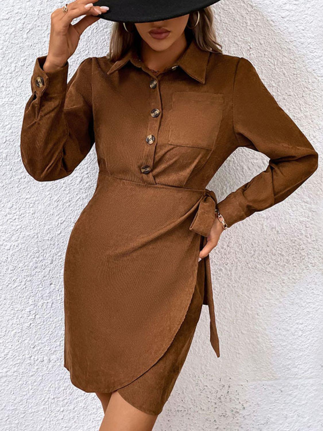 Button-Down Collared Neck Long Sleeve Side Tie Dress - Dresses