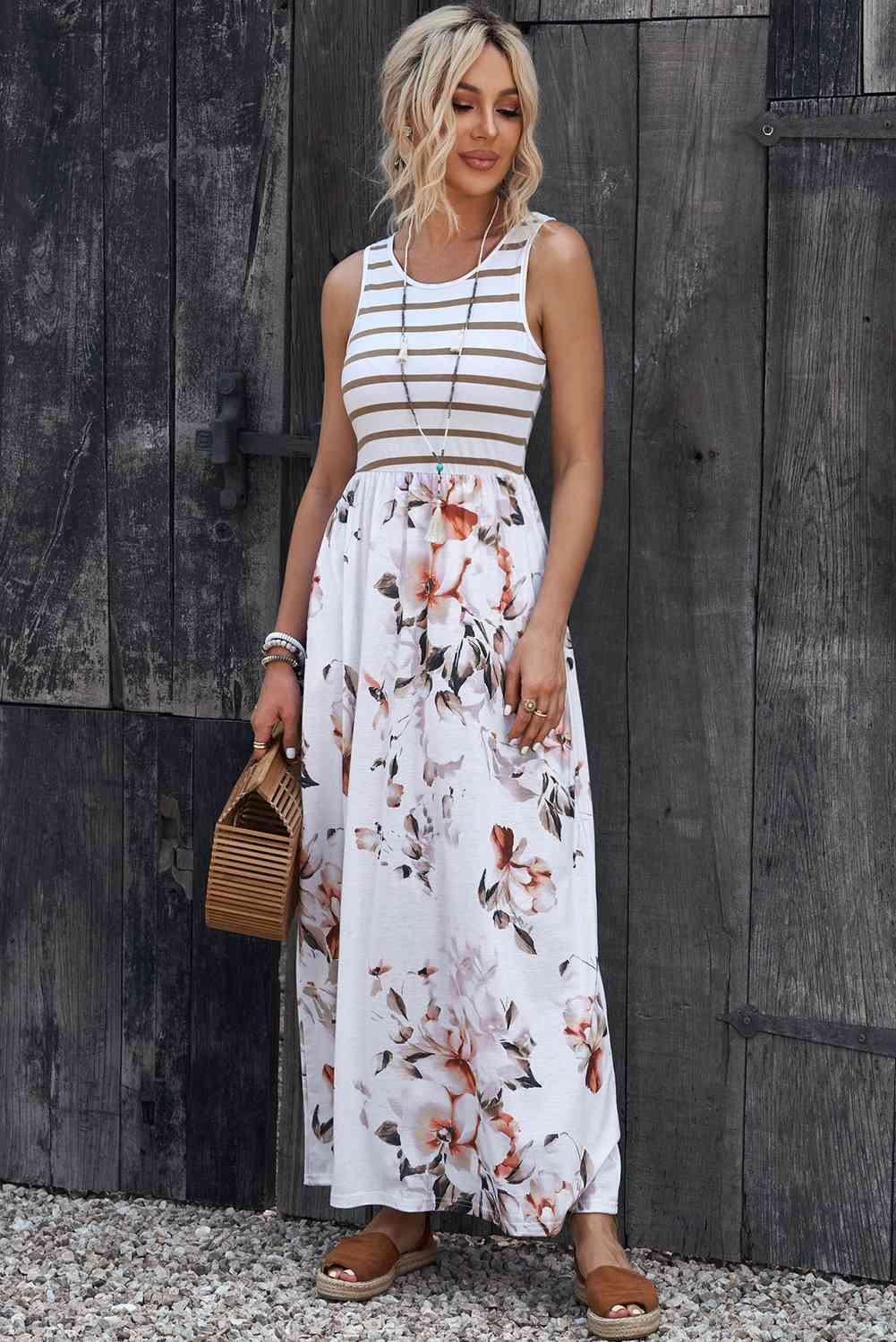 Striped Floral Round Neck Sleeveless Maxi Dress - Dresses