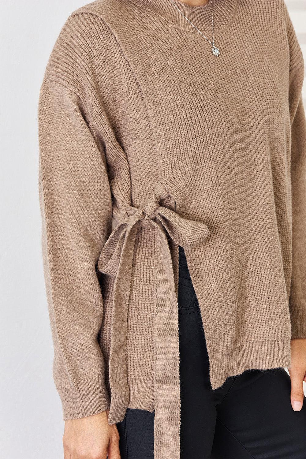 Slit Tied Dropped Shoulder Sweater - Sweater