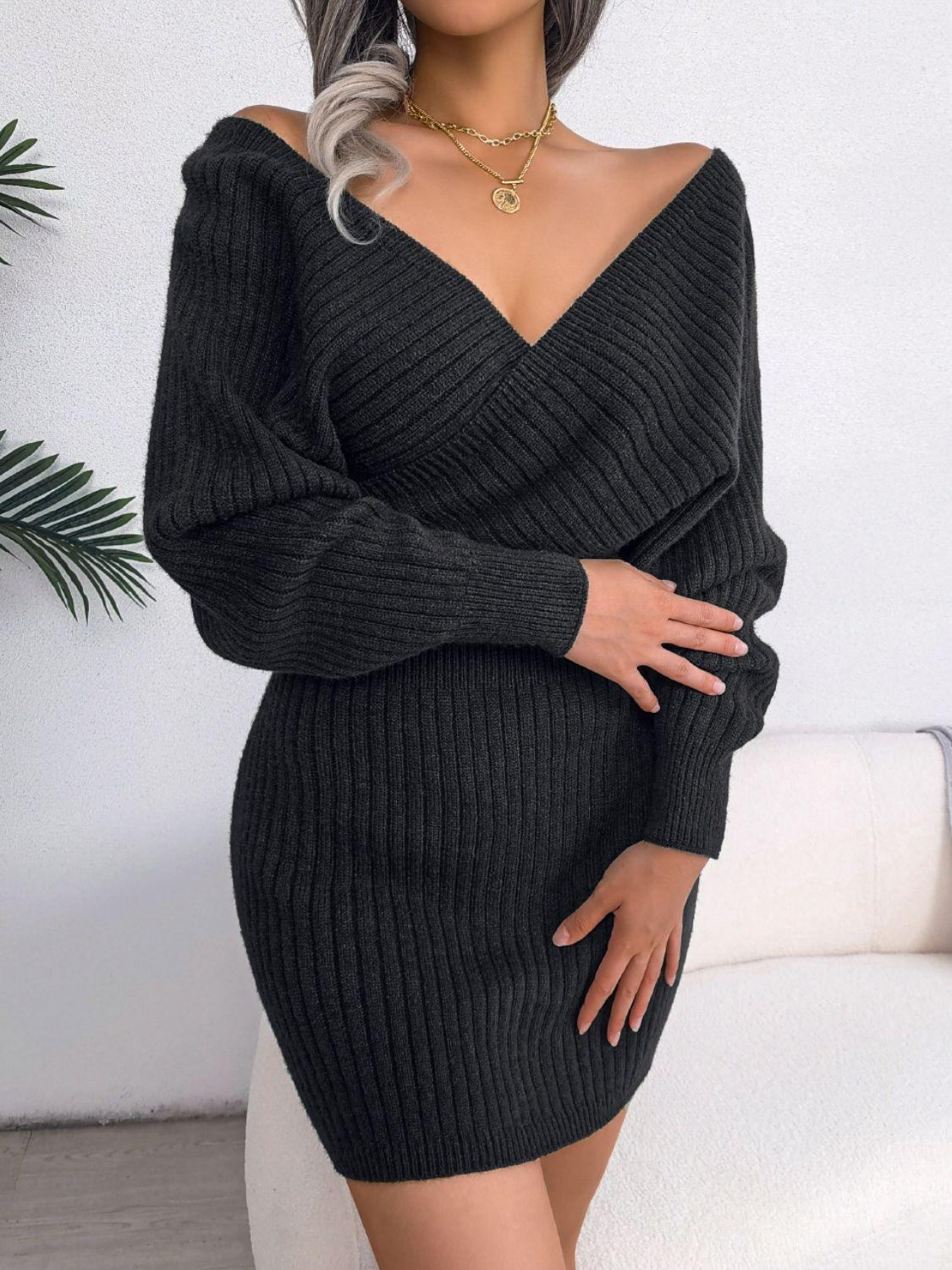 Rib-Knit Dolman Sleeve Sweater Dress - Dresses