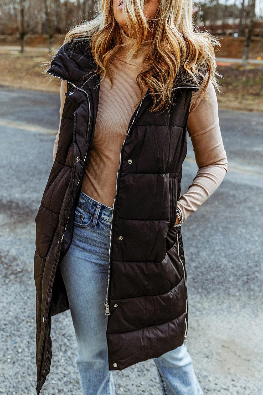 Longline Hooded Sleeveless Puffer Vest - Vest