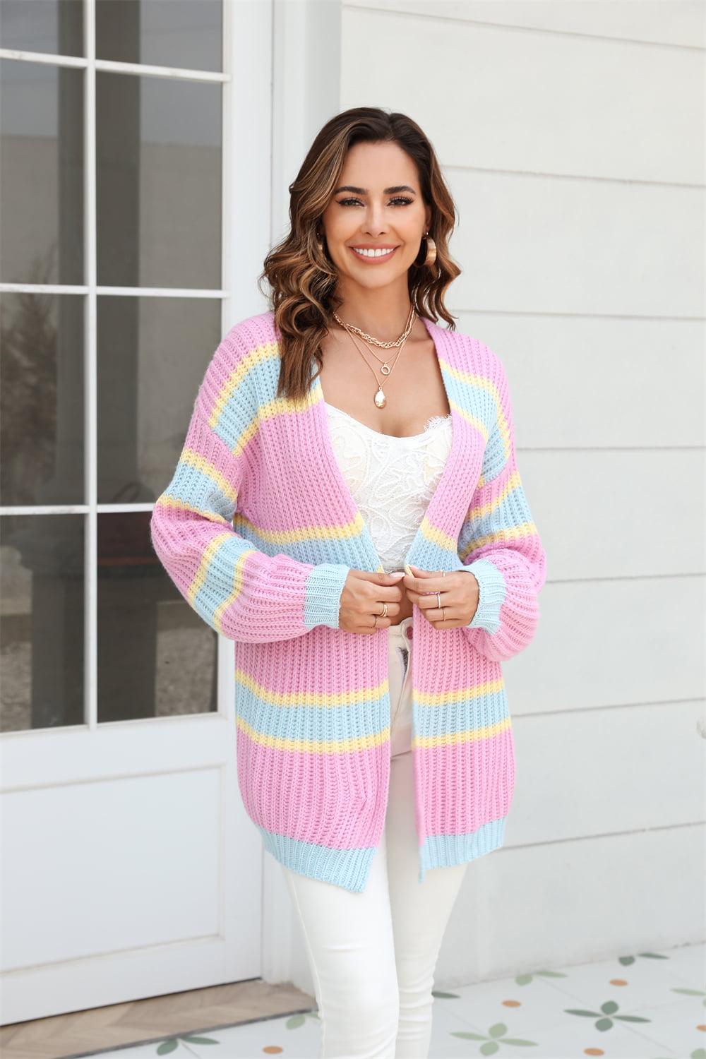 Color Block Ribbed Open Front Cardigan - Cardigan