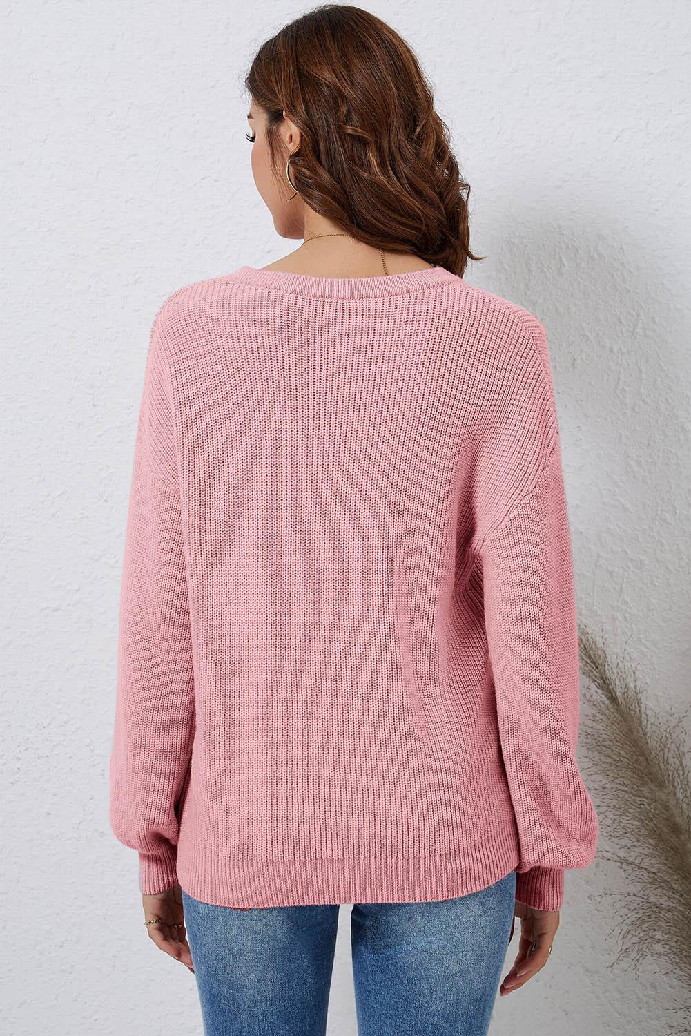 V-Neck Ribbed Dropped Shoulder Sweater - Sweater