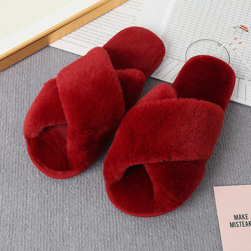 Faux Fur Crisscross Strap Slippers - Slippers