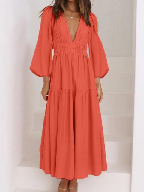 Deep V-Neck Balloon Sleeve Maxi Dress - Dresses