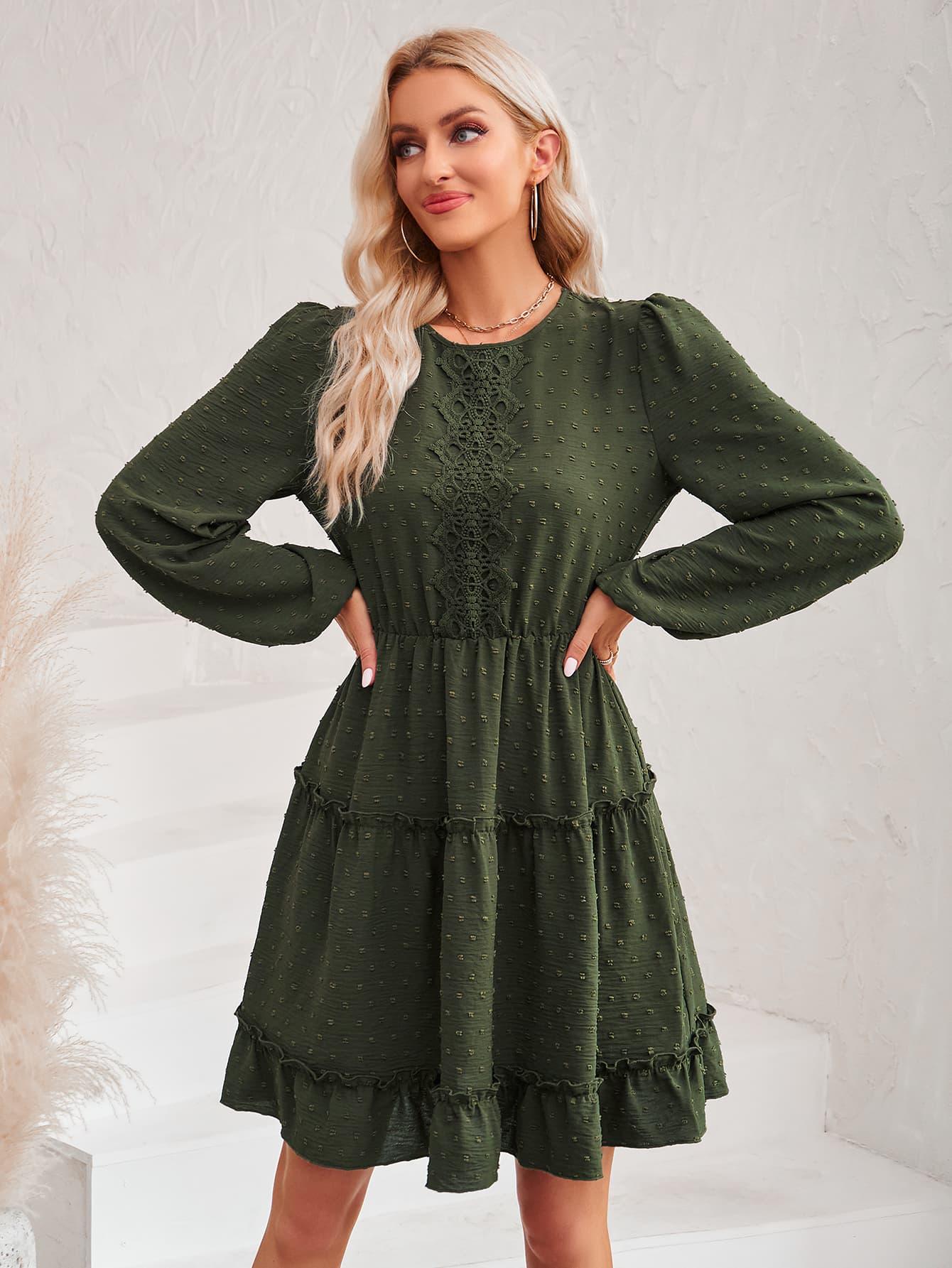 Swiss Dot Lace Trim Long Balloon Sleeve Dress - 