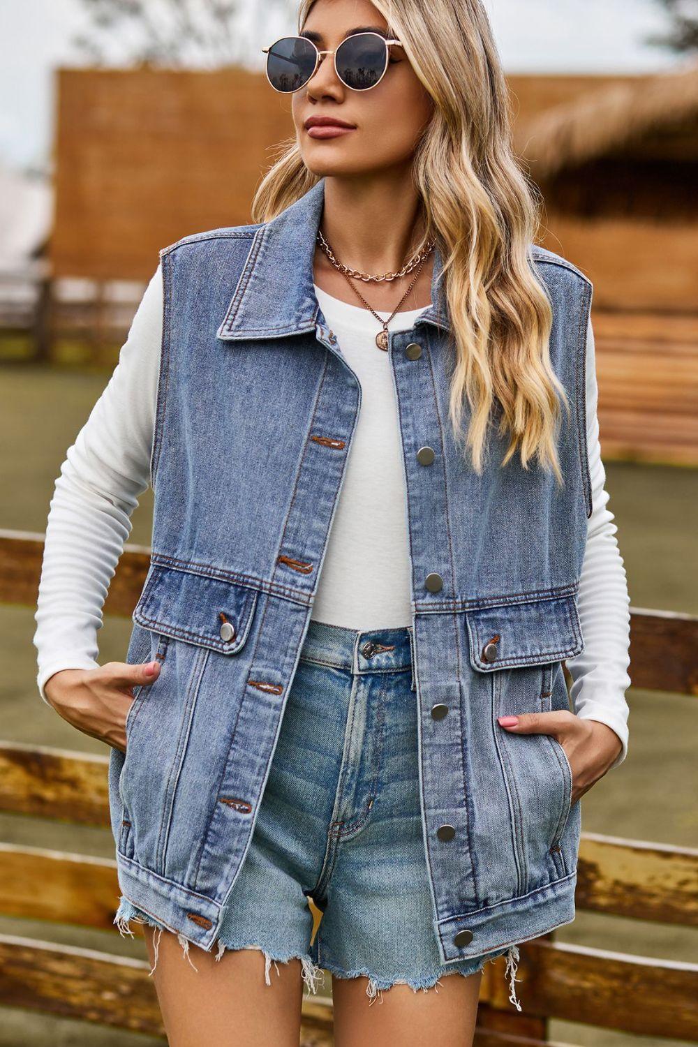 Collared Neck Denim Vest with Pockets - Denim Vest