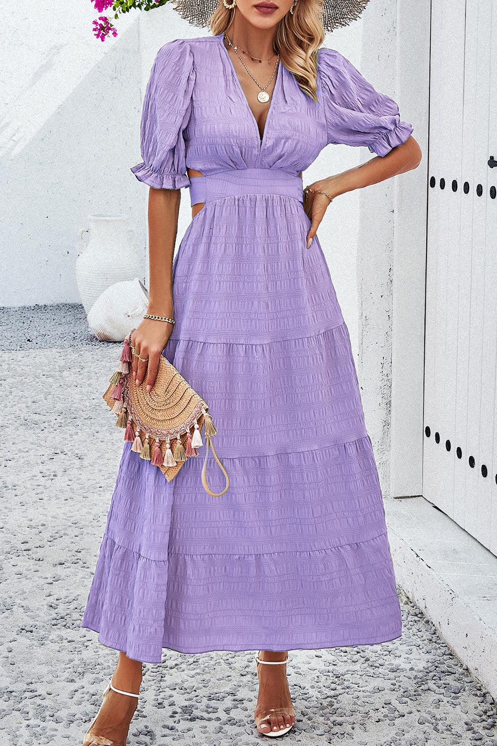 Tie Back Short Sleeve Tiered Midi Dress - Dresses