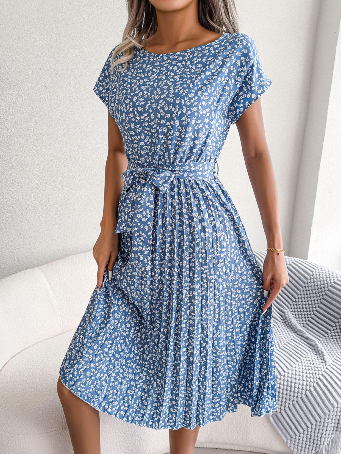 Ditsy Floral Pleated Belted Knee-Length Dress - Dresses