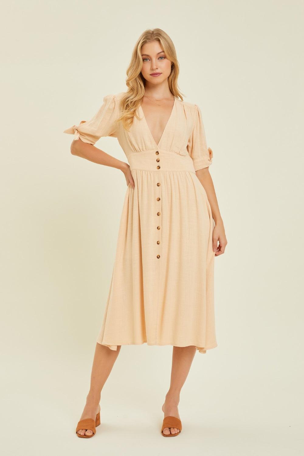 HEYSON Textured Linen V-Neck Button-Down Midi Dress - Dresses