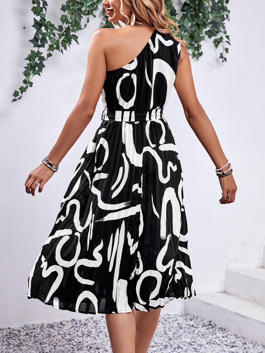 Printed One Shoulder Tie Waist Midi Dress