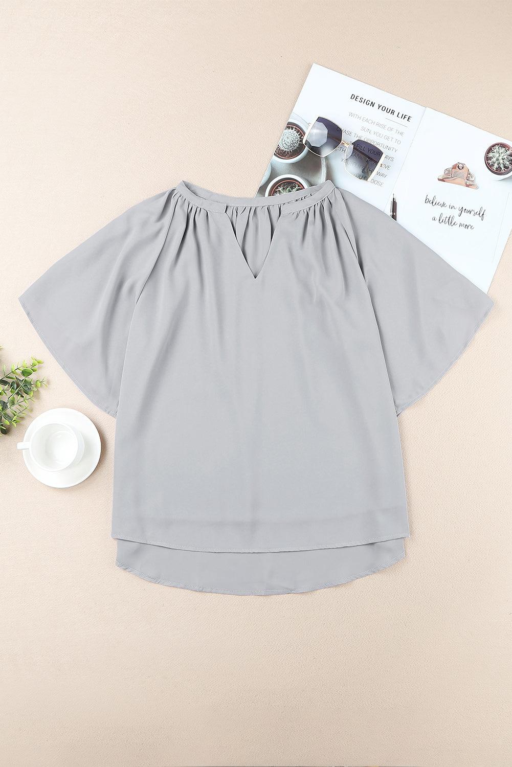 Gathered Detail Notched Neck Flutter Sleeve Blouse - Blouse