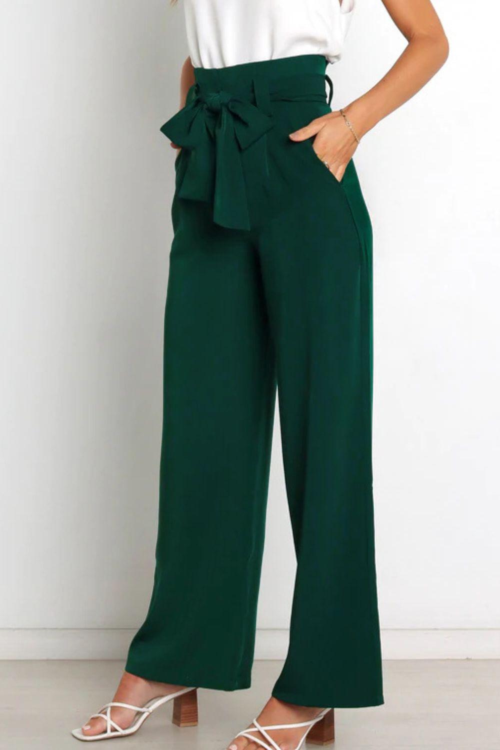 Tie Front Paperbag Wide Leg Pants - Pant