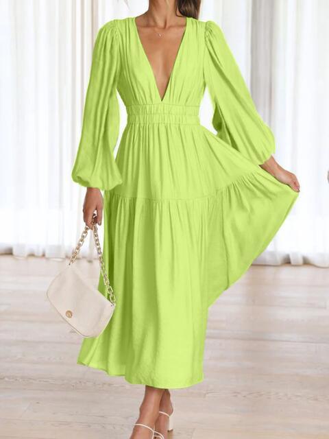 Deep V-Neck Balloon Sleeve Maxi Dress - Dresses