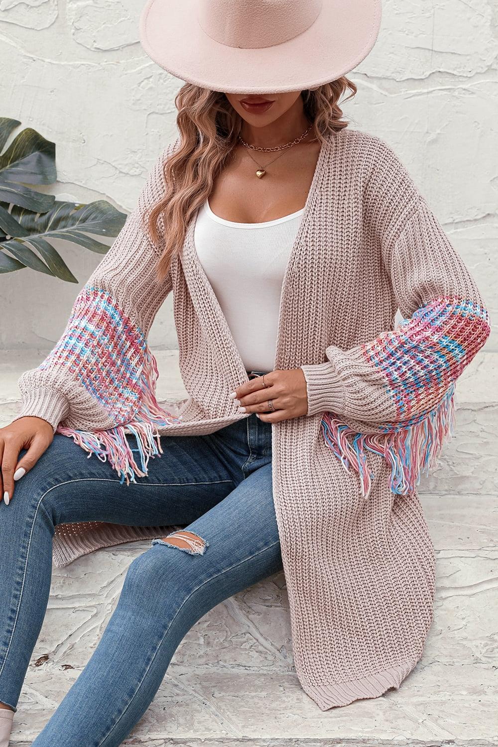 Fringe Sleeve Open Front Openwork Cardigan - Cardigan