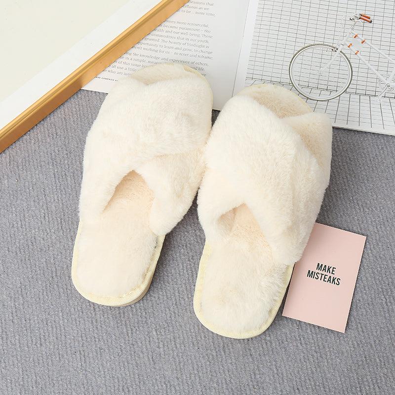 Faux Fur Crisscross Strap Slippers - Slippers