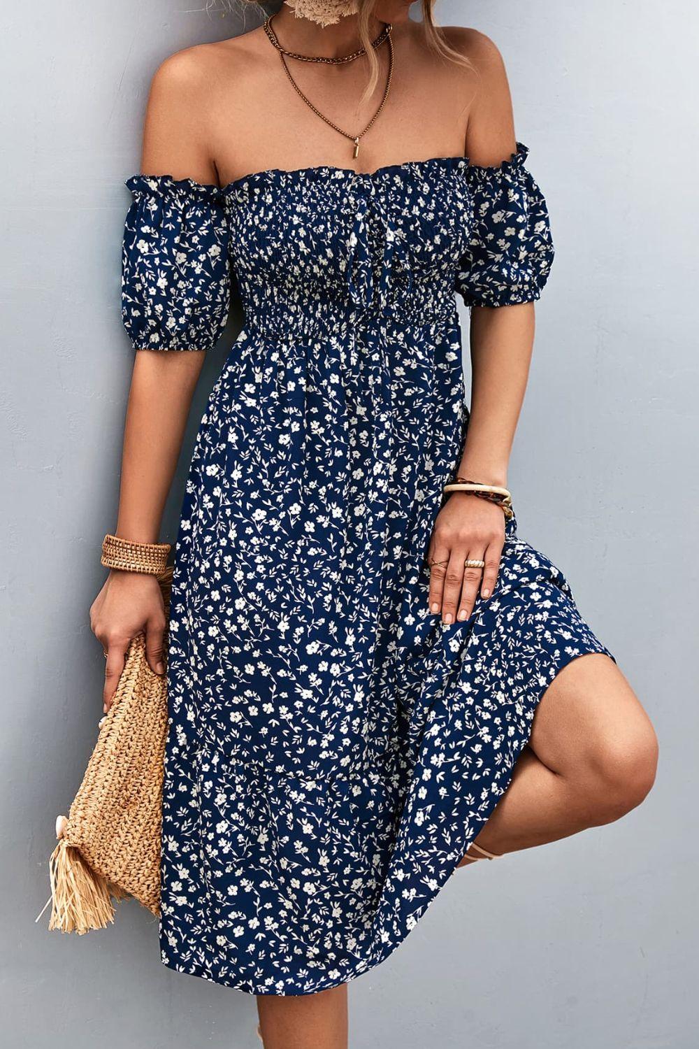 Ditsy Floral Smocked Frill Trim Off-Shoulder Dress - Dresses