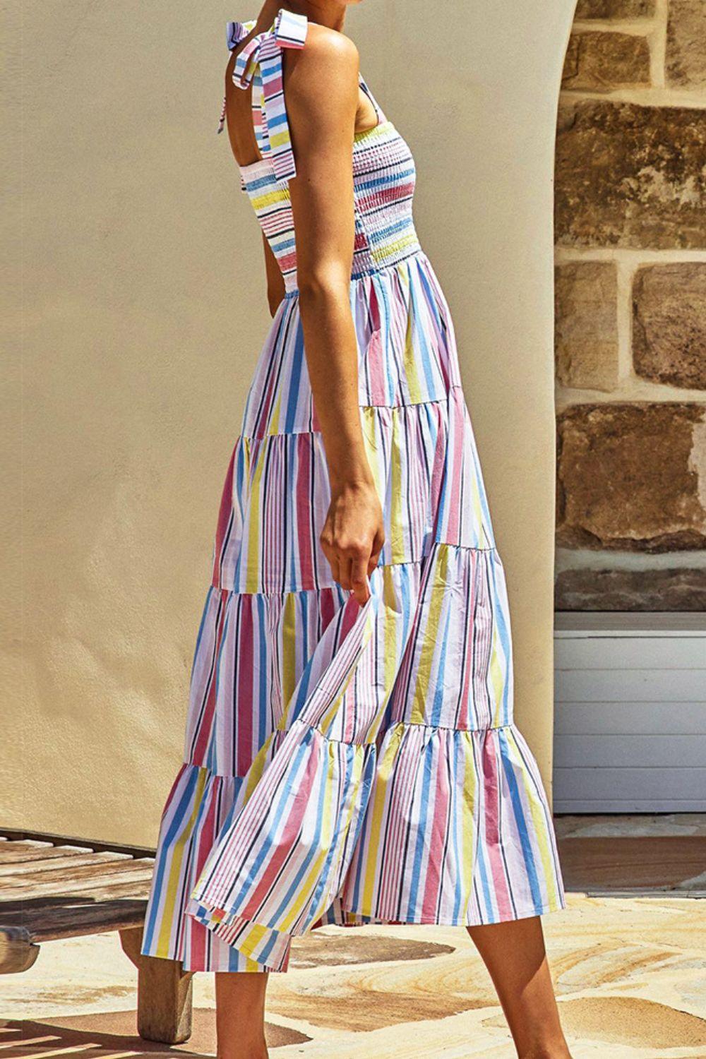 Striped Tie-Shoulder Smocked Tiered Dress - Dresses