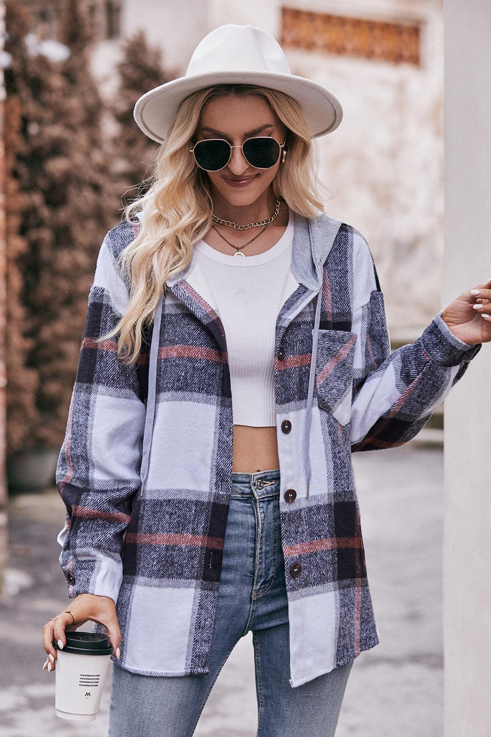 Plaid Dropped Shoulder Hooded Shacket - Jacket