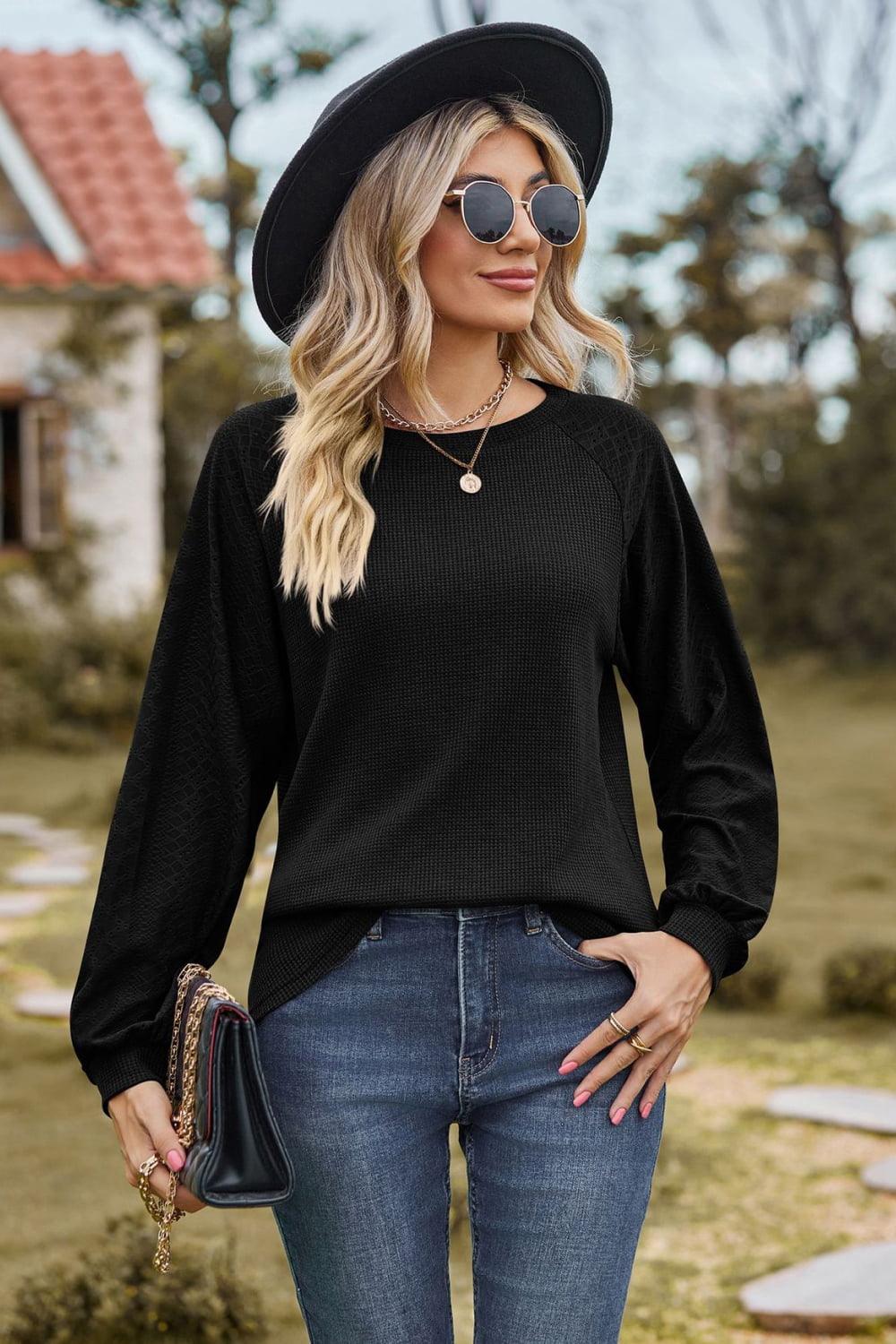 Round Neck Raglan Sleeve Top - Top