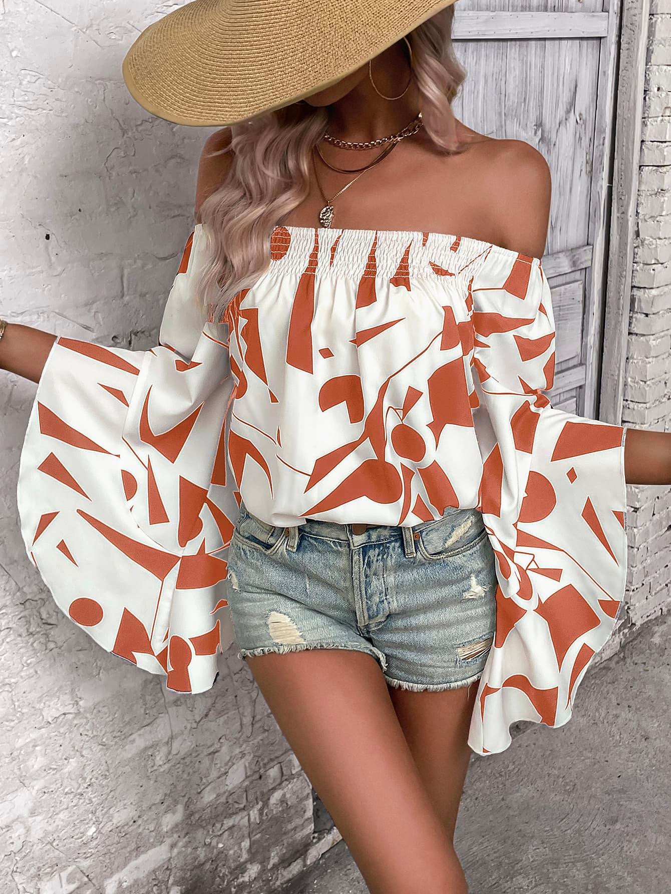 Geometric Off-Shoulder 3/4 Flounce Sleeve Smocked Blouse - Blouse