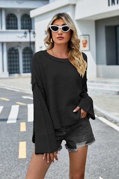 High-Low Slit Round Neck Sweater - Sweater