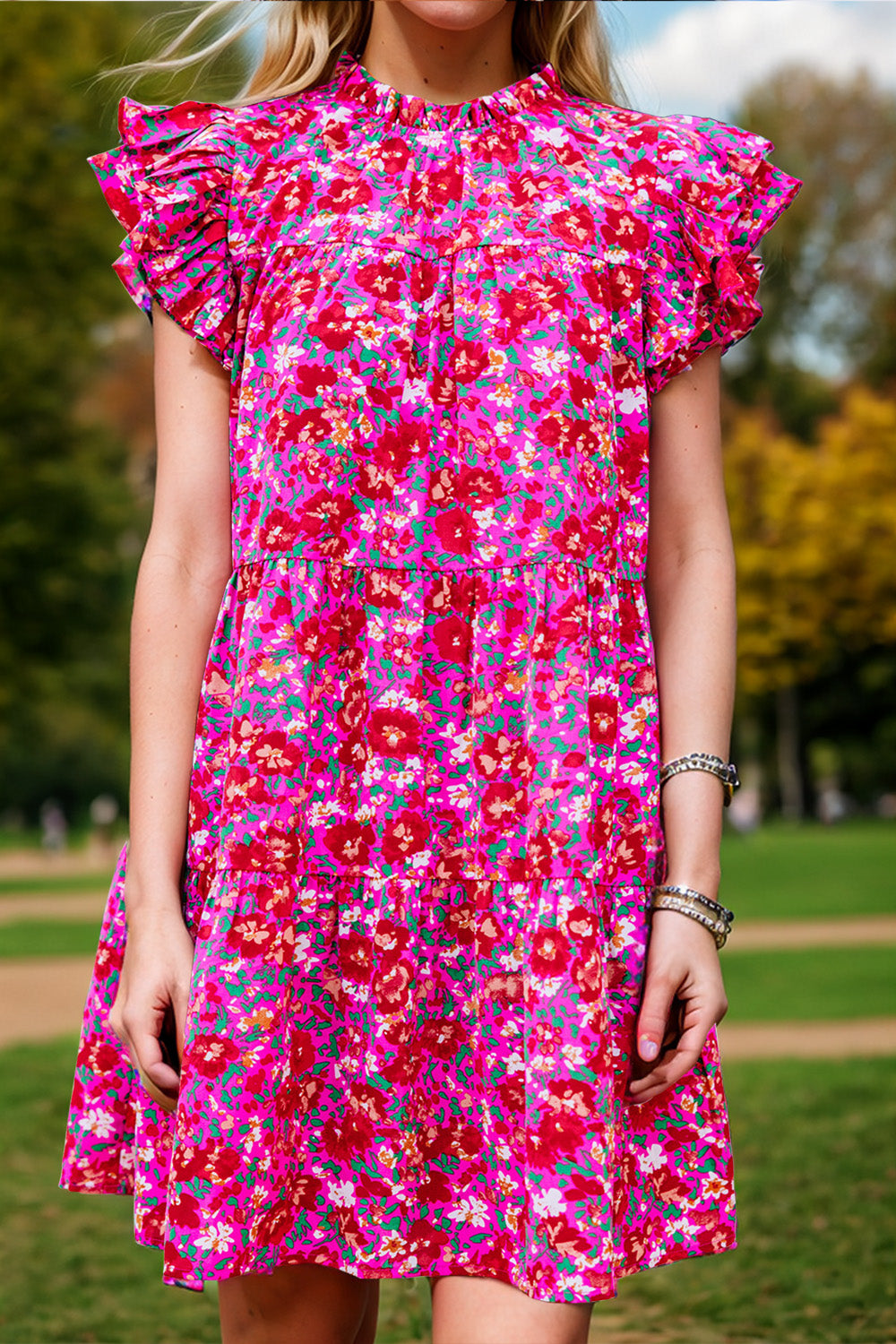 Floral Ruffled Cap Sleeve Mini Dress