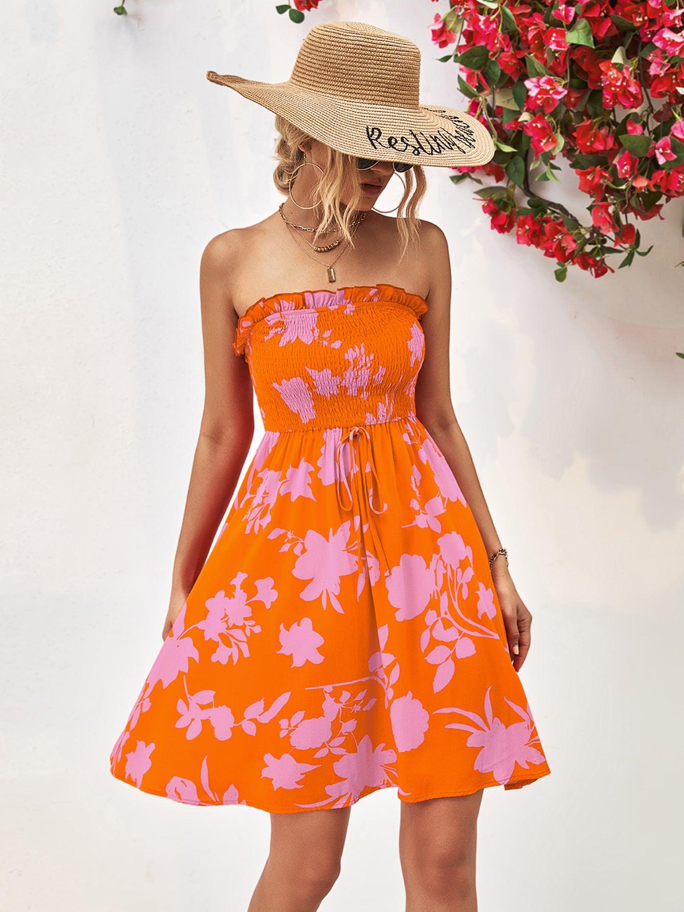 Floral Frill Trim Strapless Tie Smocked Short Dress - Dresses