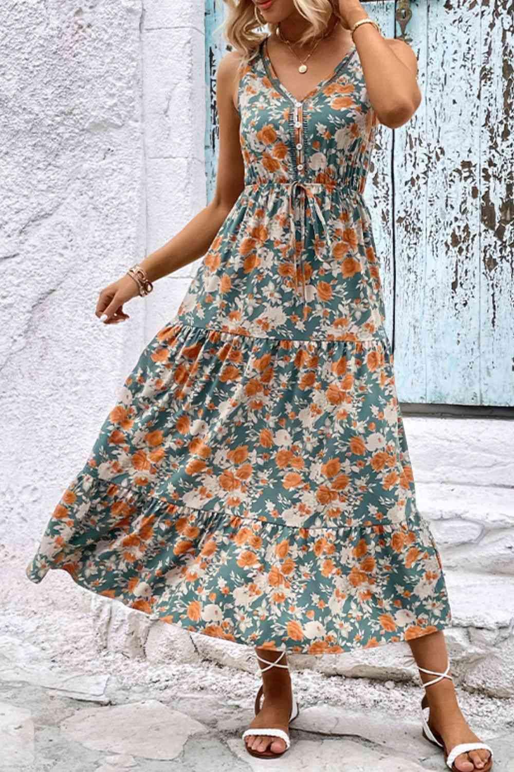 Floral V-Neck Tiered Sleeveless Midi Dress - Dresses