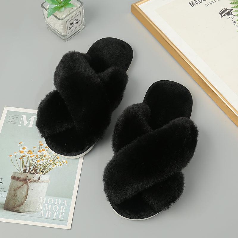 Faux Fur Crisscross Strap Slippers - Slippers