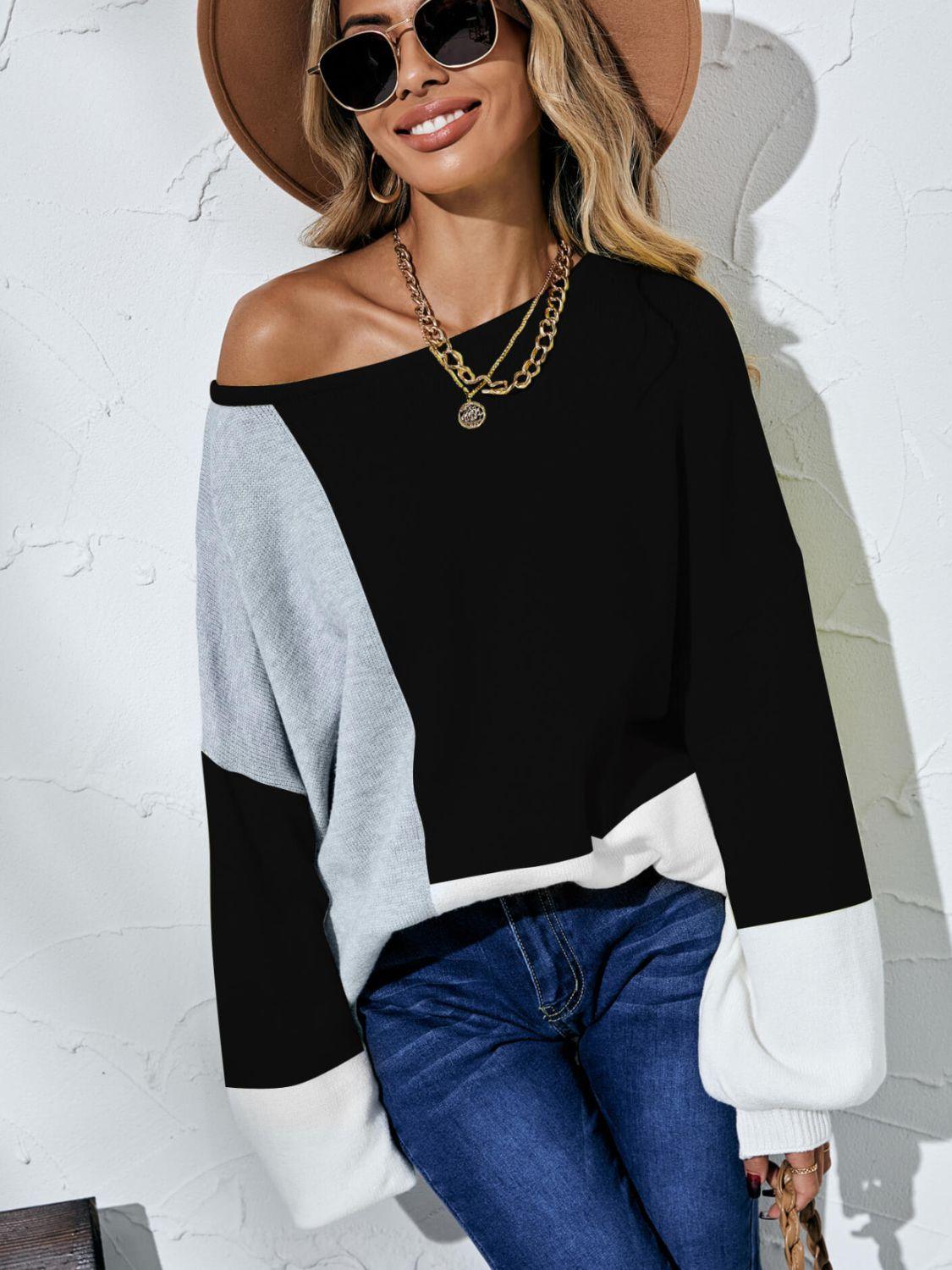 Color Block Balloon Sleeve Boat Neck Sweater - Sweater