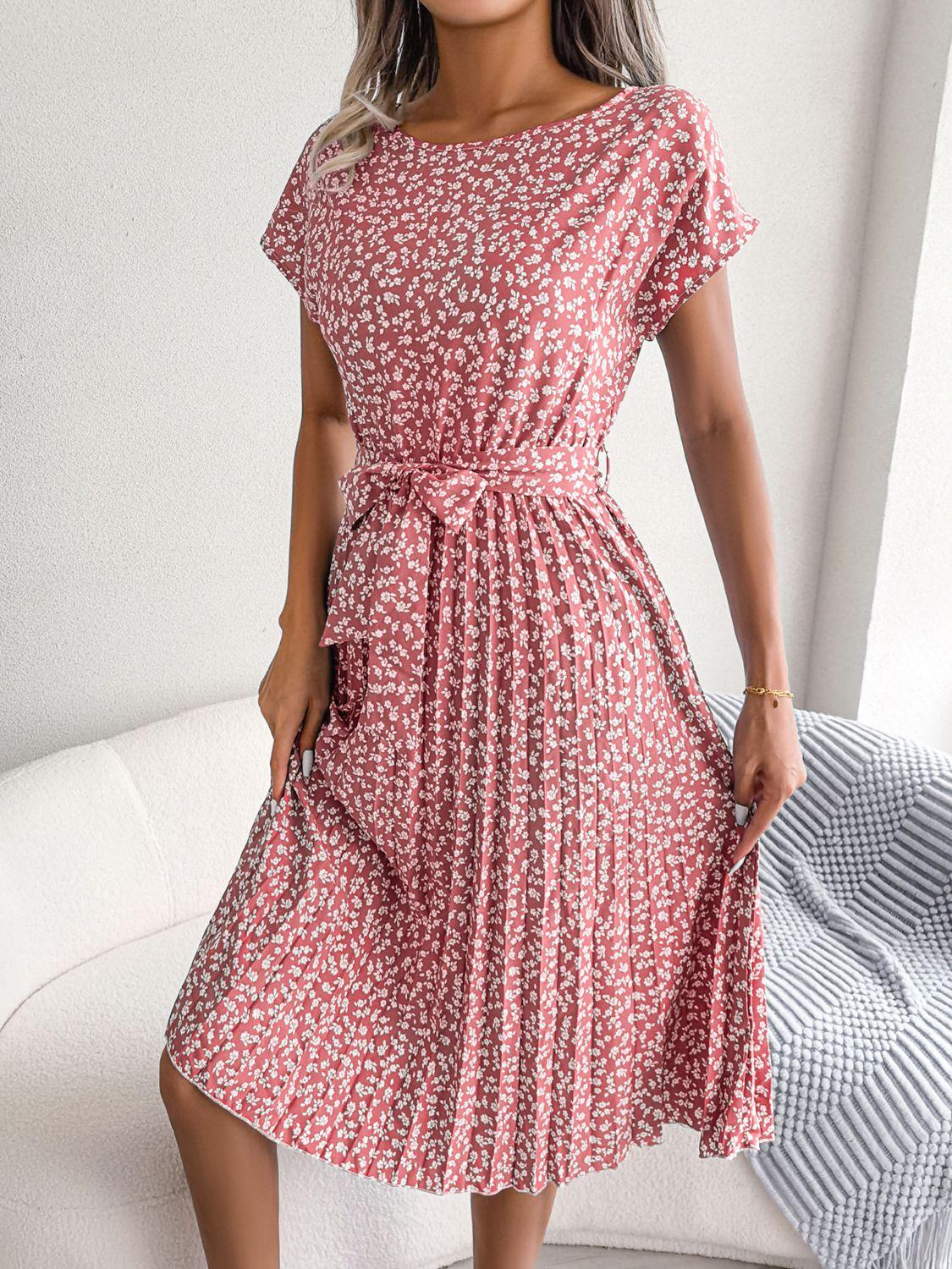 Ditsy Floral Pleated Belted Knee-Length Dress - Dresses