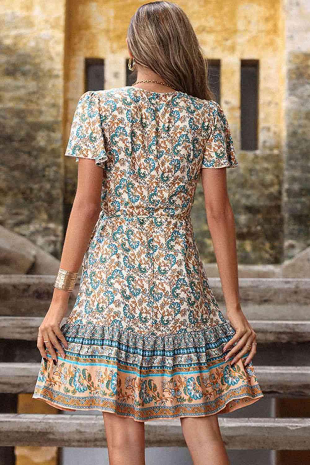 Bohemian Flutter Sleeve Surplice Dress - Dresses