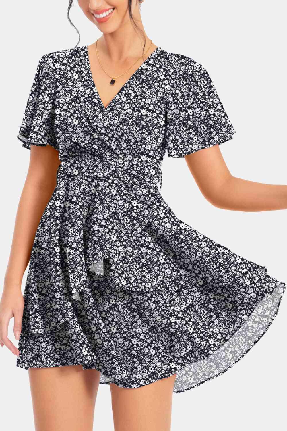 Surplice Neck Flutter Sleeve Mini Dress - Dresses