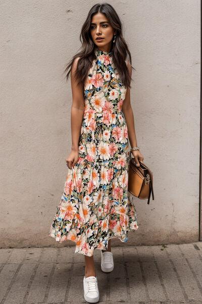 Floral Tiered Pocketed Halter Neck Midi Dress - Dresses