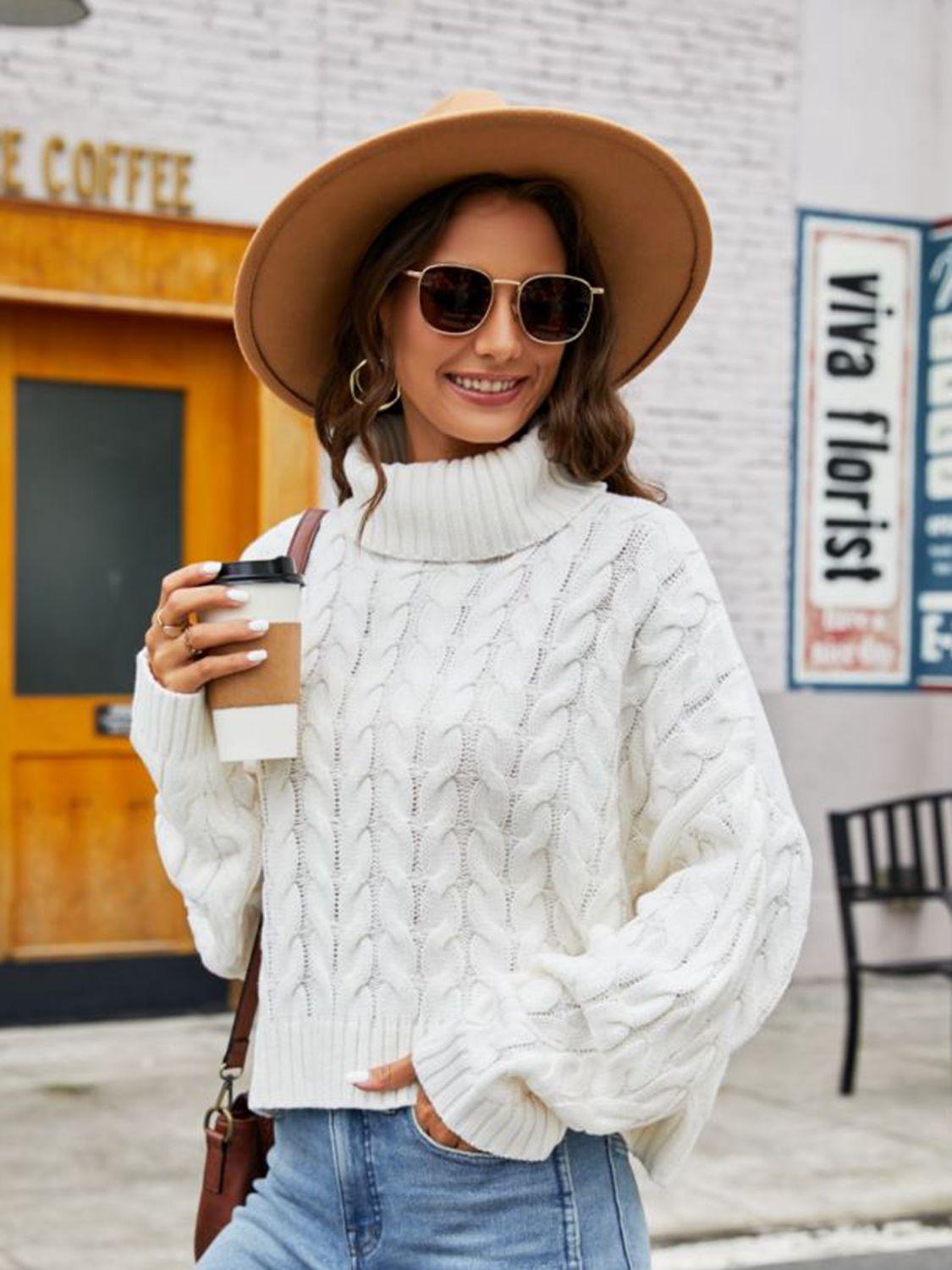 Turtle Neck Cable-Knit Sweater - Sweater